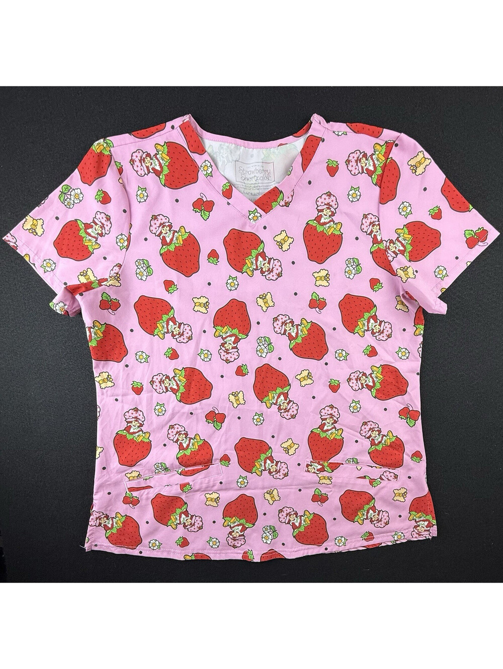 Strawberry Shortcake Women’s M V-Neck Strawberry Print Polyester Scrub Top